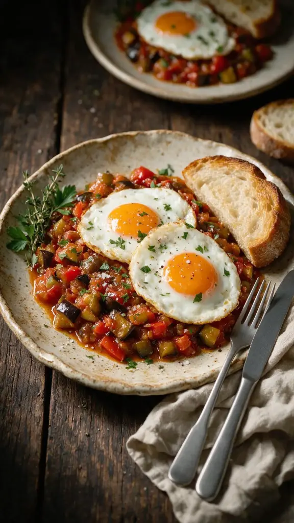 Pisto mit gebratenem Entenei