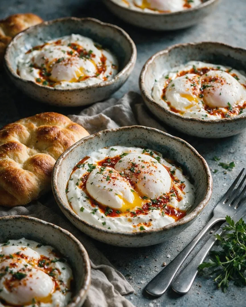 Pochierte Eier im Knoblauchjoghurt (KI-Illustration)
