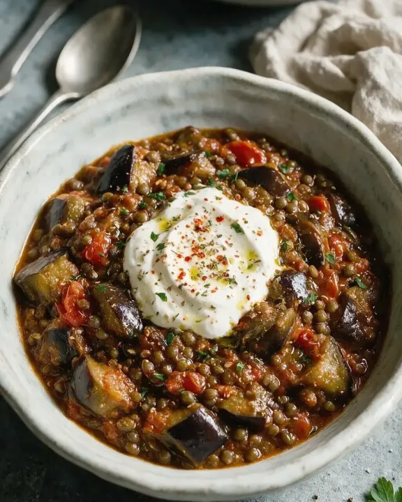 Puy-Linsen-Eintopf mit Aubergine (KI-Illustration)