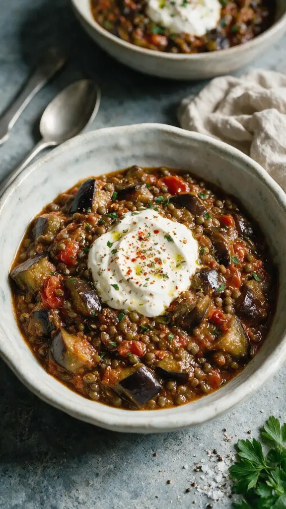 Puy-Linsen-Eintopf mit Aubergine