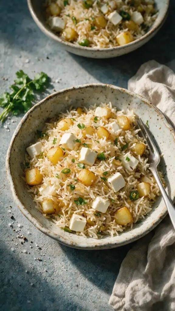 Würziger Paneer-Reis mit Kartoffeln