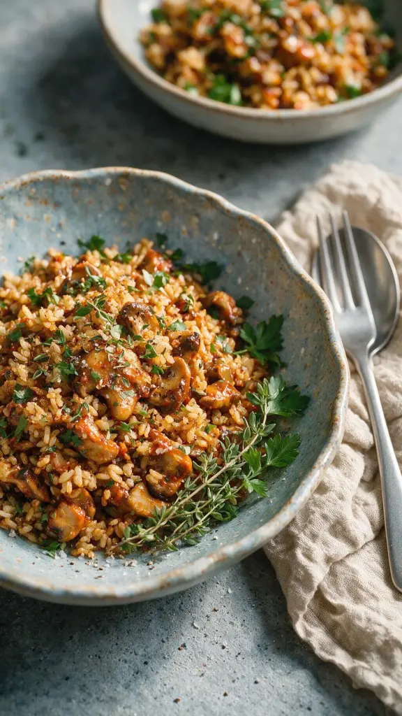 Reissalat mit Gochujang-Pilzen