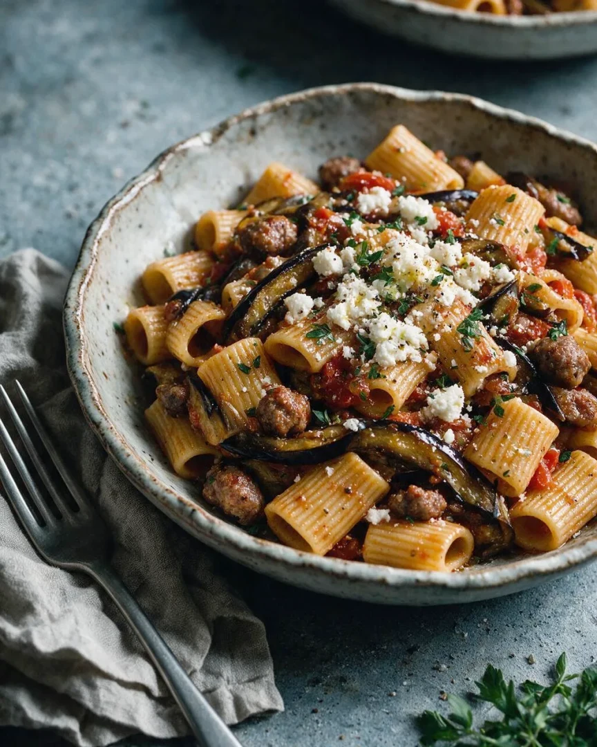 Rigatoni mit Aubergine und Wurst (KI-Illustration)