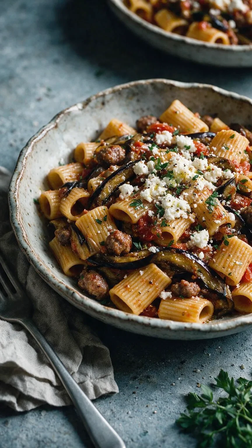 Rigatoni mit Aubergine und Wurst