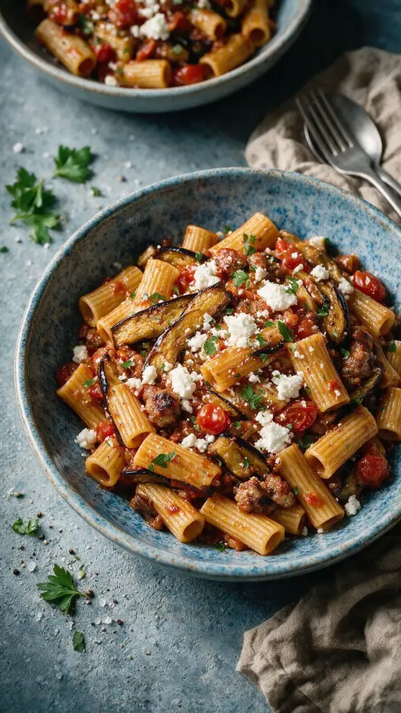 Rigatoni mit Aubergine und Wurst
