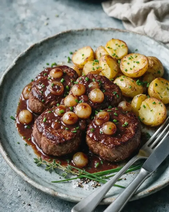 Rinderfilet mit Perlzwiebeln (KI-Illustration)