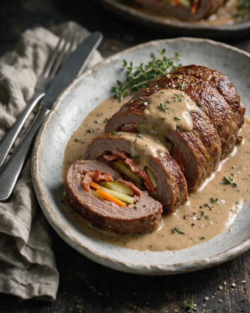 Rinderroulade mit Speck & Gurke (KI-Illustration)