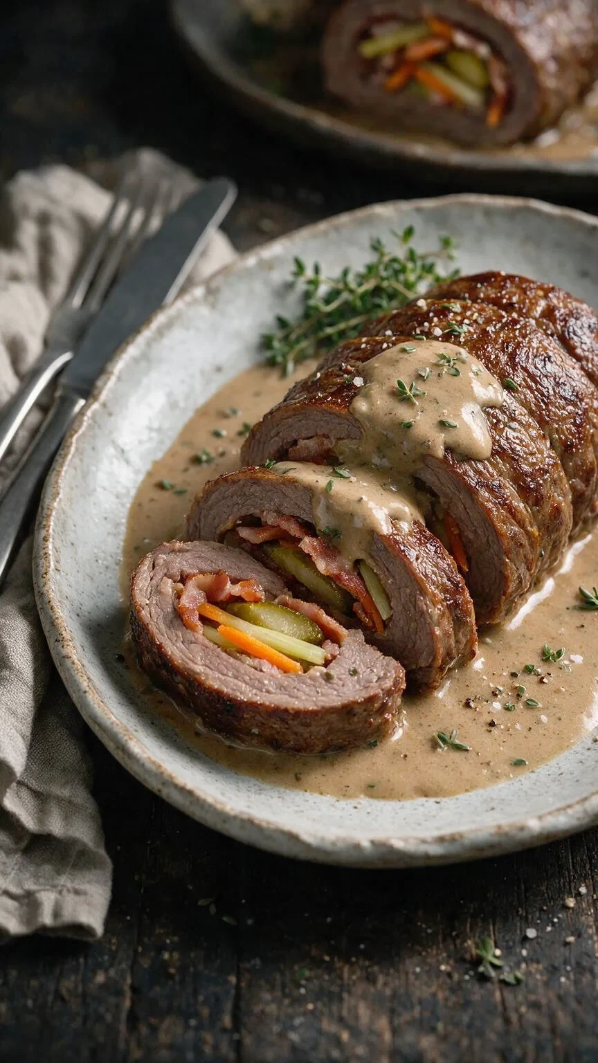 Rinderroulade mit Speck & Gurke (KI-Illustration)