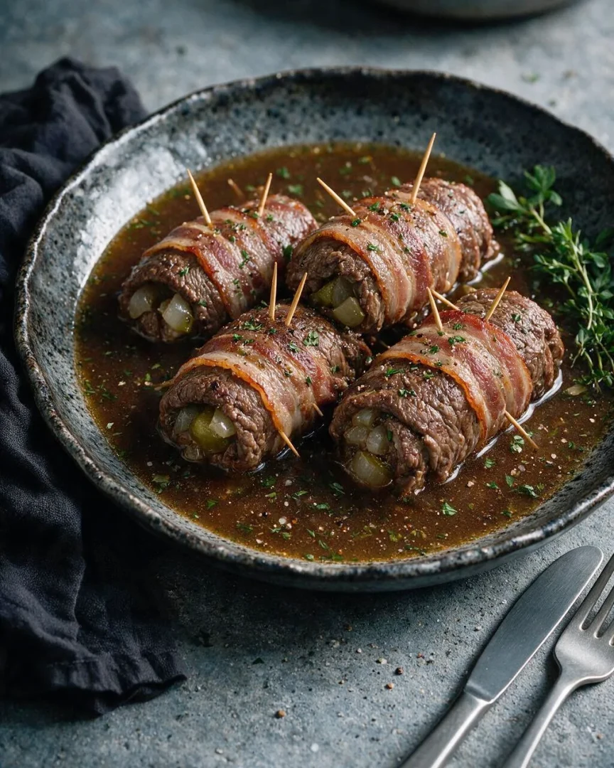 Rinderrouladen mit Speck und Gurken (KI-Illustration)