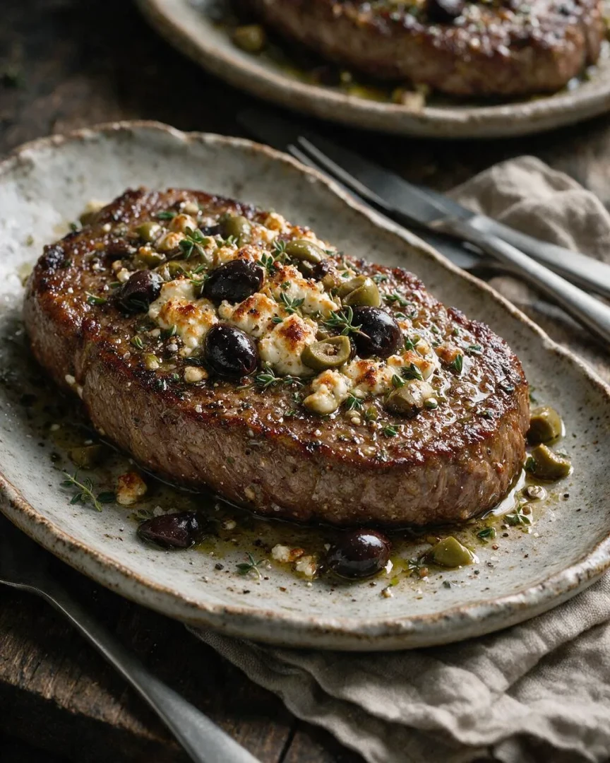 Rindersteak mit Feta und Oliven (KI-Illustration)