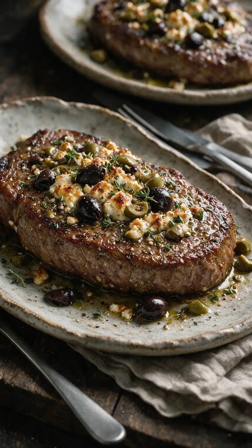 Rindersteak mit Feta und Oliven