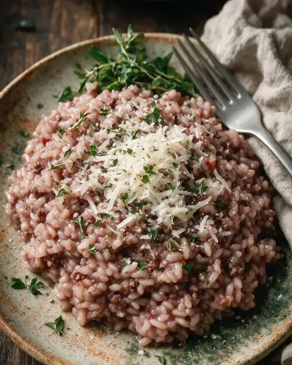 Risotto mit Rindfleisch & Wein (KI-Illustration)