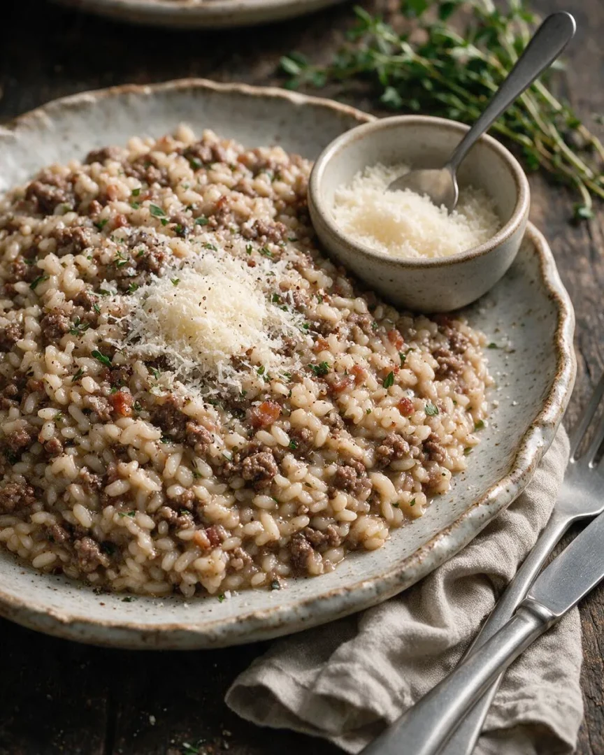 Risotto mit Rindfleisch & Wein (KI-Illustration)