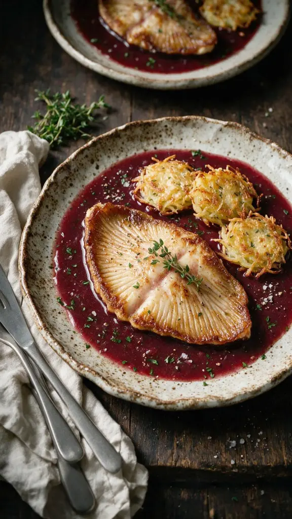 Rochenflügel in Rotwein-Sud