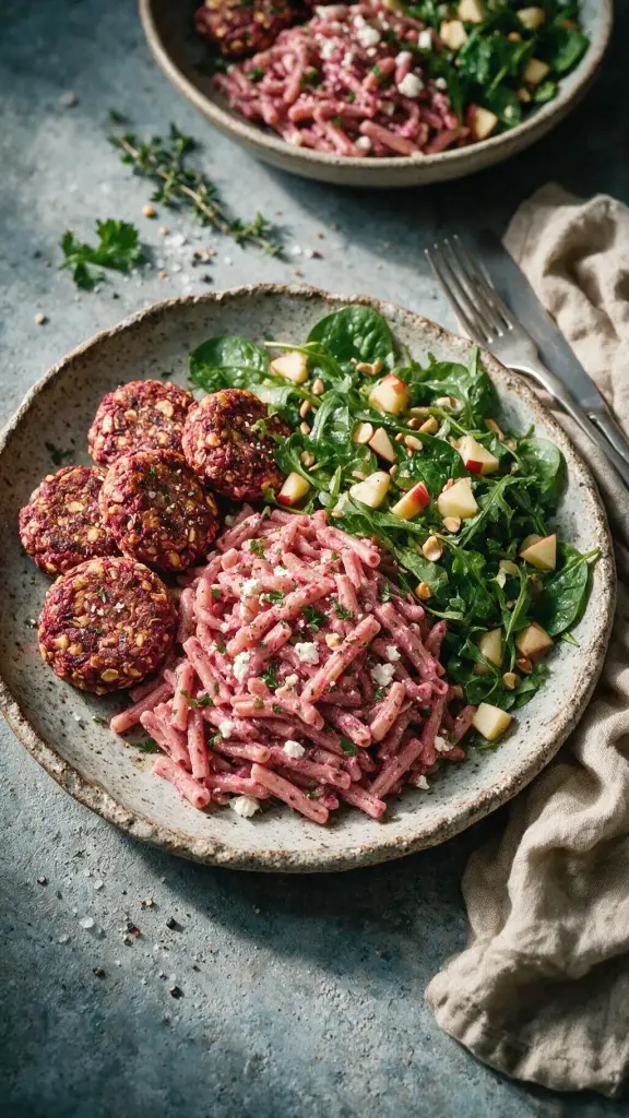 Rote-Bete-Feuerwerk mit Pasta, Pesto und Pattys