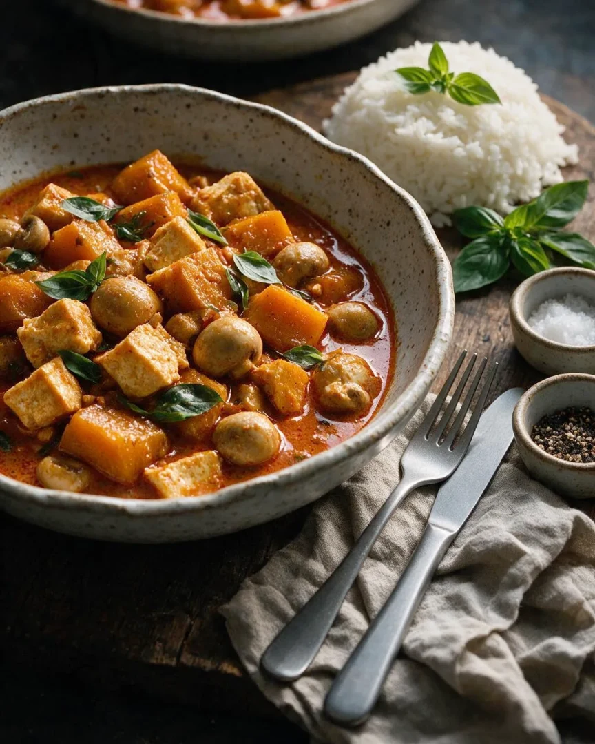 Rotes Curry mit Pilzen, Kürbis und Tofu (KI-Illustration)