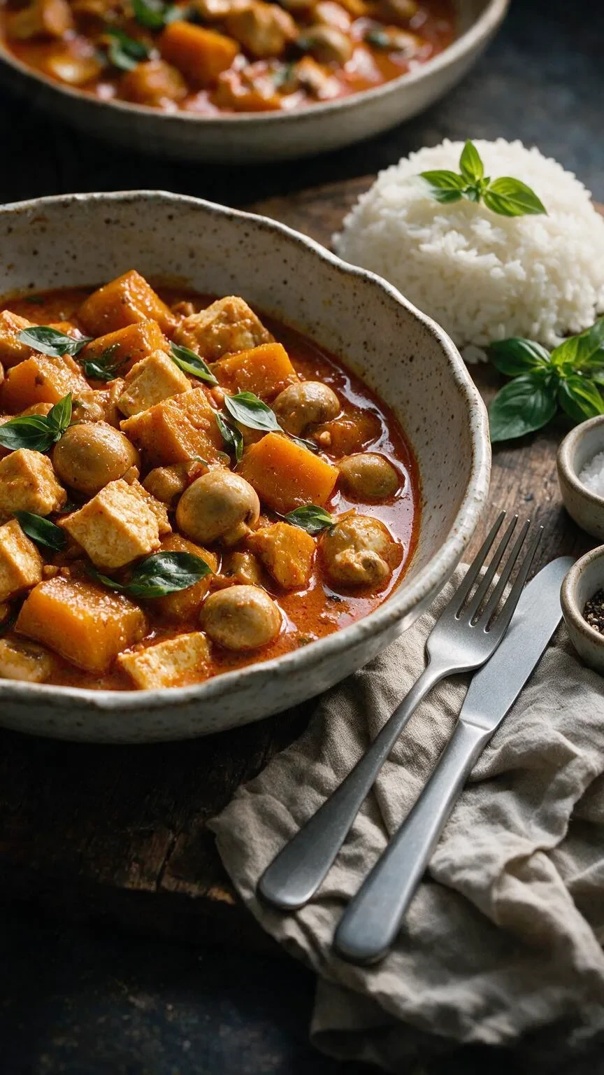 Rotes Curry mit Pilzen, Kürbis und Tofu (KI-Illustration)