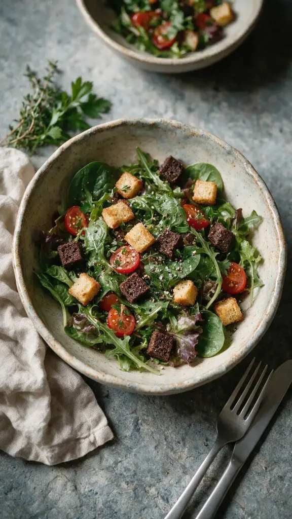 Blattsalat mit gerösteten Croutons