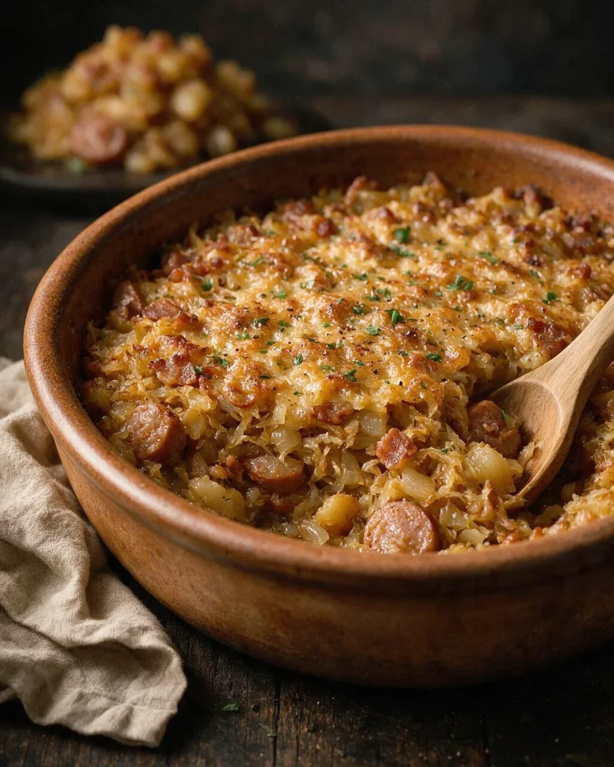 Sauerkraut-Auflauf mit Kielbasa (KI-Illustration)