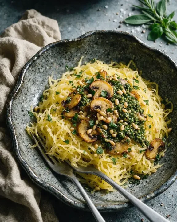 Spaghettikürbis mit Kräuterpesto (KI-Illustration)