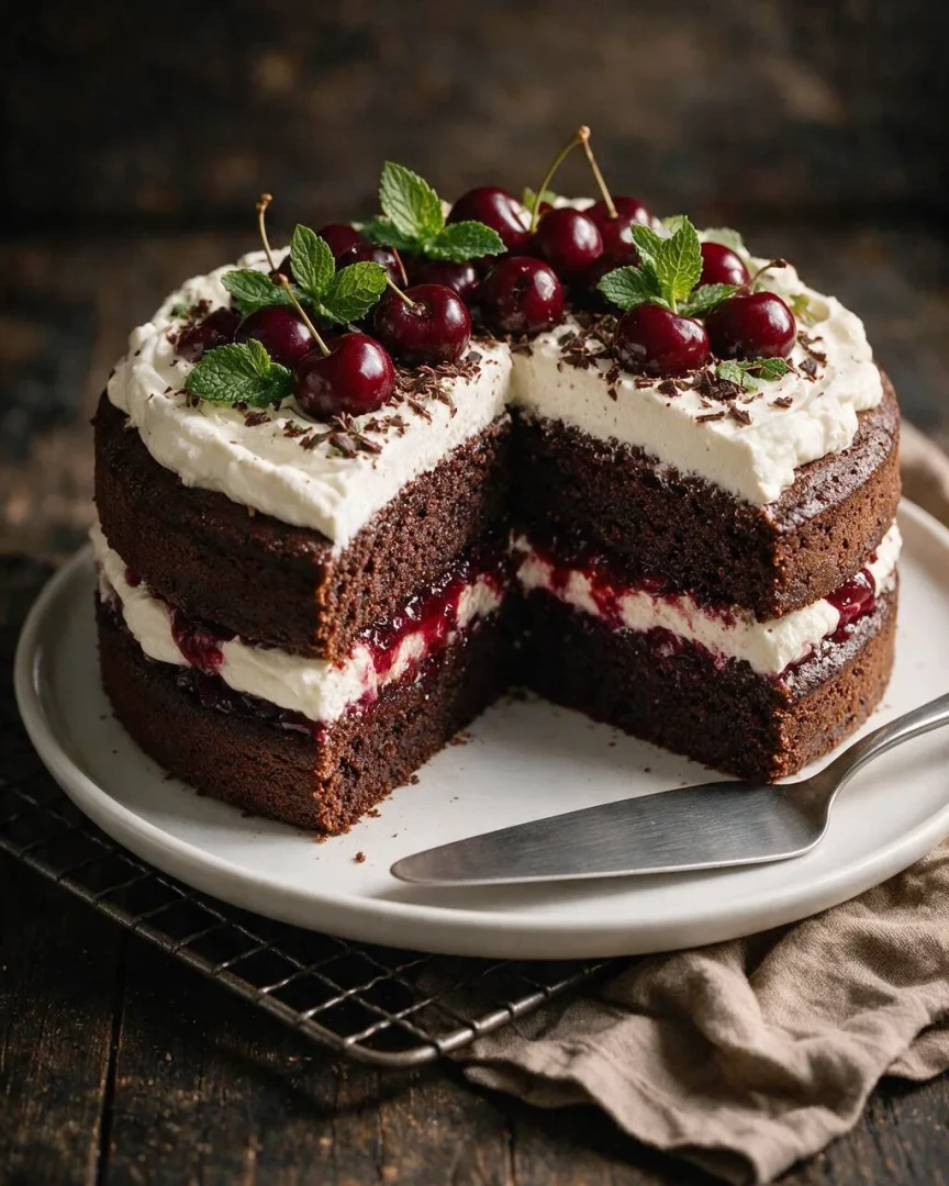 Schokoladenkuchen mit Kirschen (KI-Illustration)