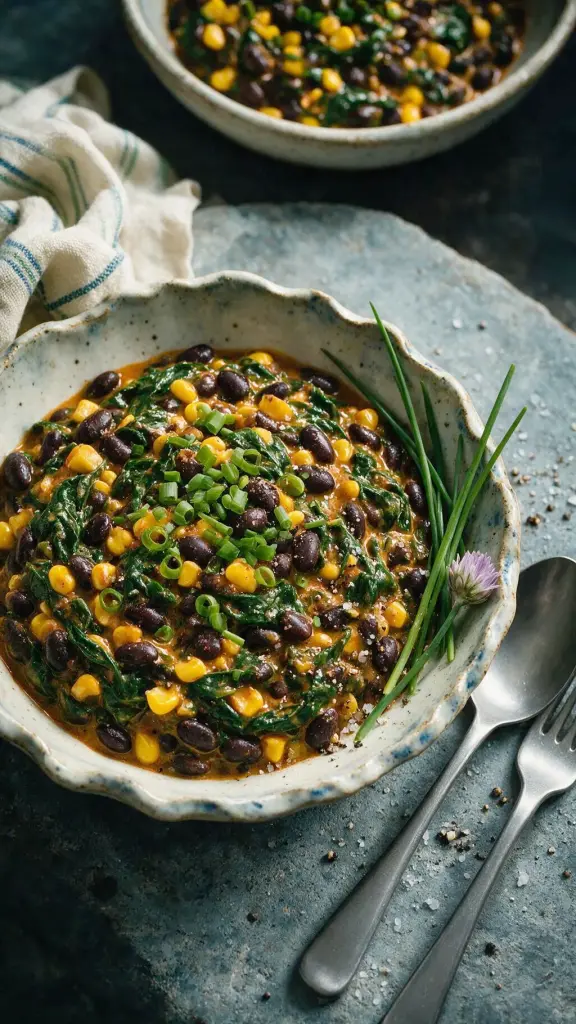 Schwarze Bohnen, Mais + Gochujang Saag