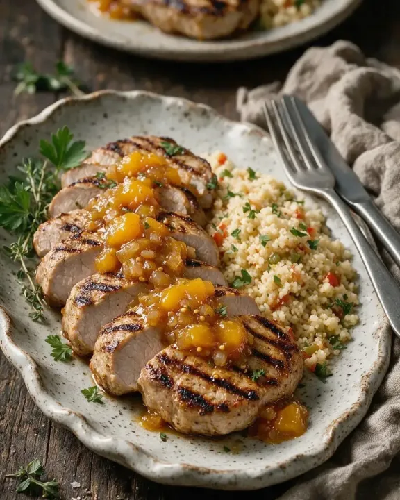 Schweinelende mit Pfirsich-Chutney (KI-Illustration)