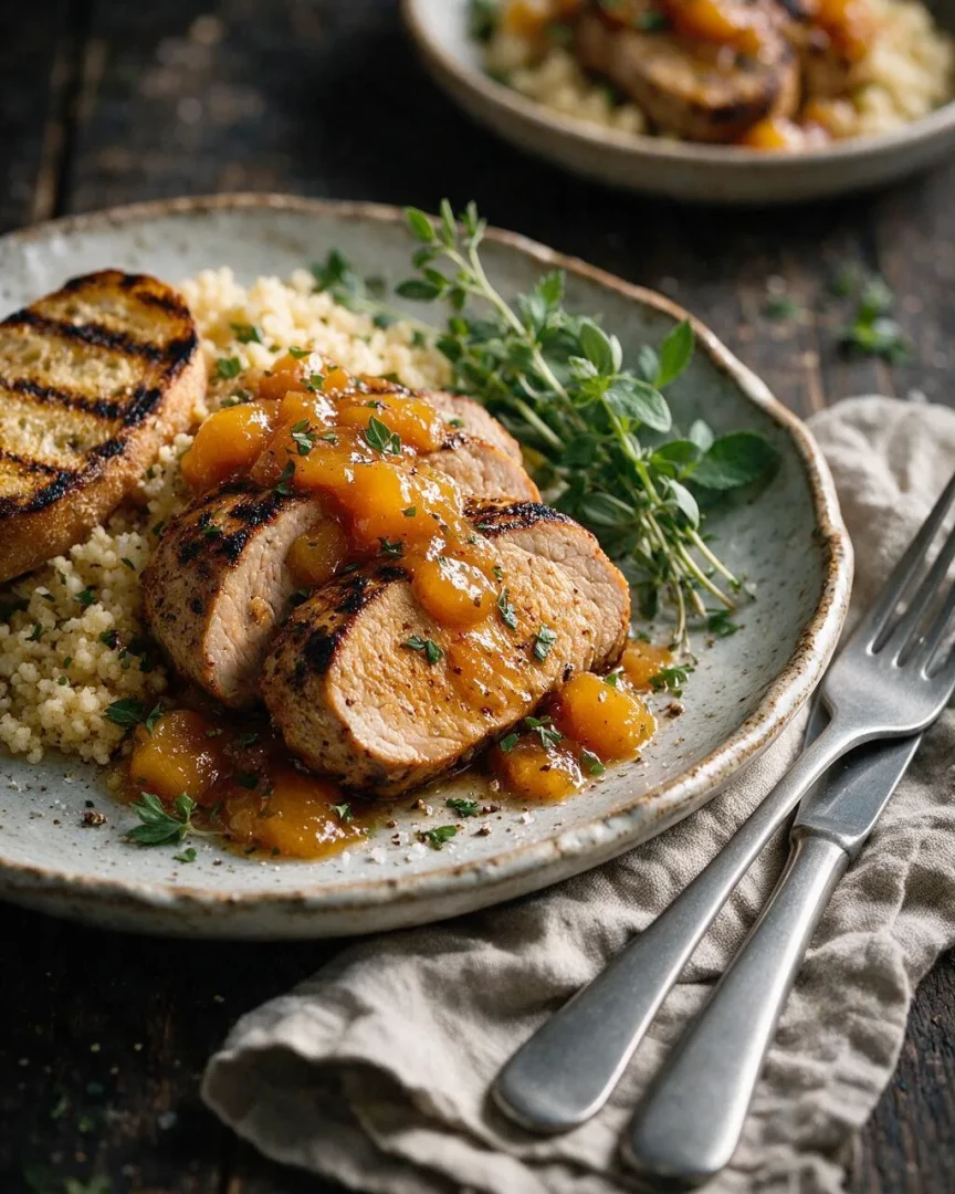 Schweinelende mit Pfirsich-Chutney (KI-Illustration)
