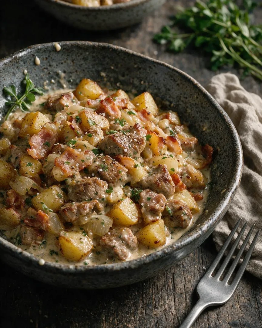 Schweinenacken mit Kartoffeln (KI-Illustration)