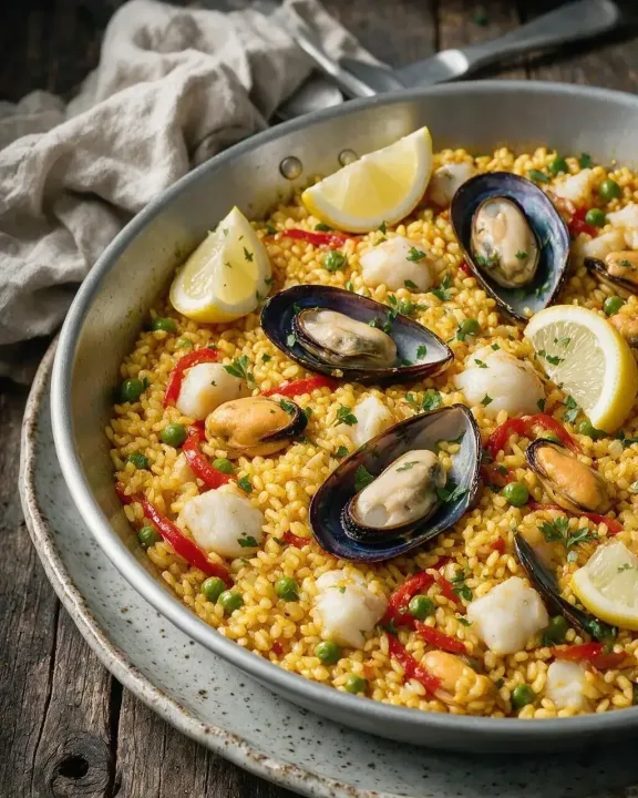 Seeteufel- und Muschel-Paella (KI-Illustration)