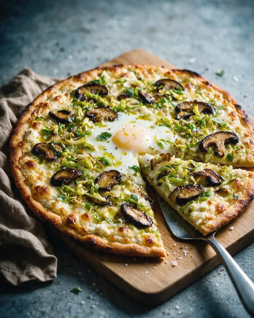 Shiitake-Pizza mit Rosenkohl und Ei (KI-Illustration)