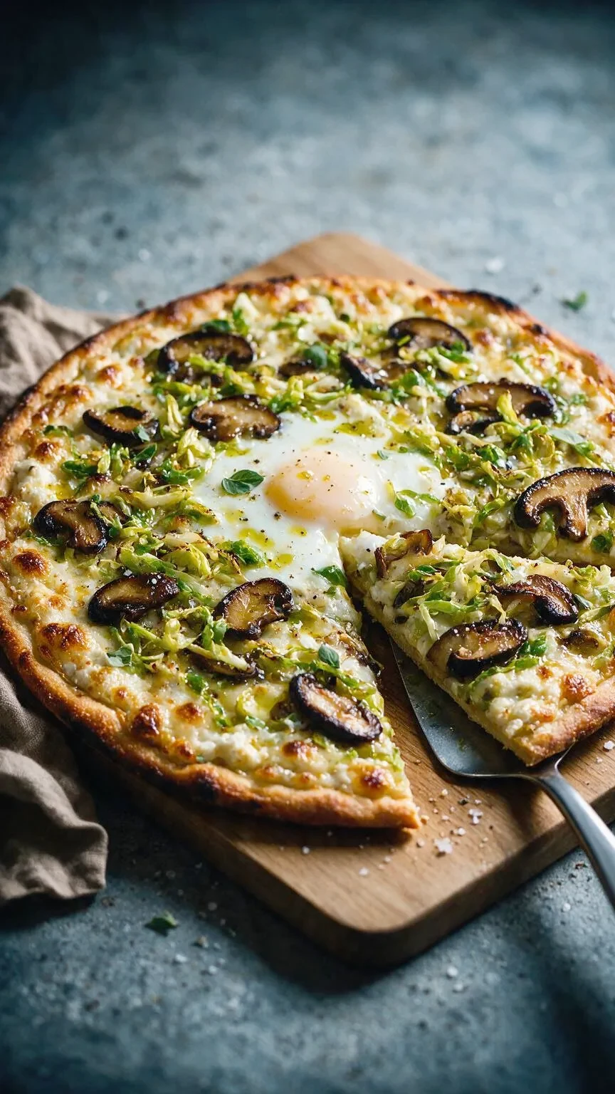 Shiitake-Pizza mit Rosenkohl und Ei