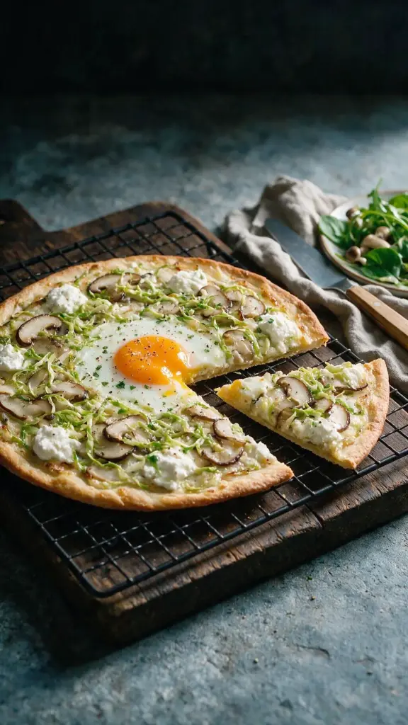 Shiitake-Pizza mit Rosenkohl und Ei