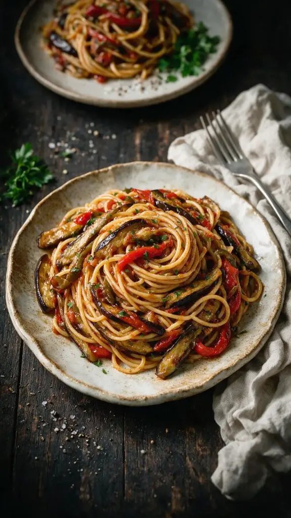 Spaghetti mit Aubergine und Paprika