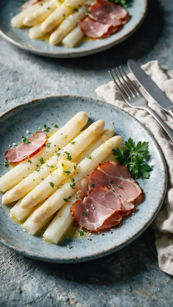 Spargel mit Butter und Schinken