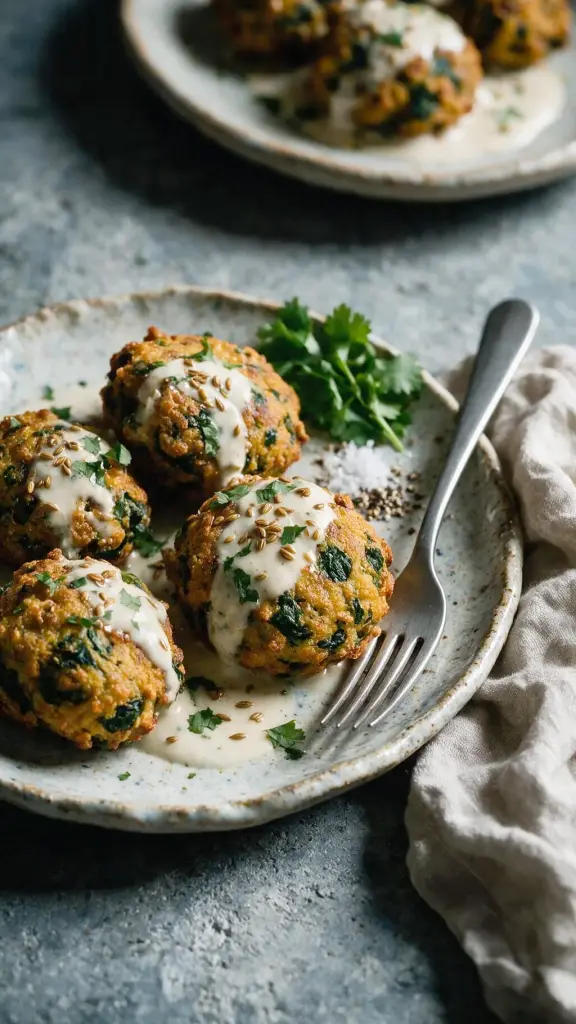 Spinat-Krapfen in Joghurt-Sauce