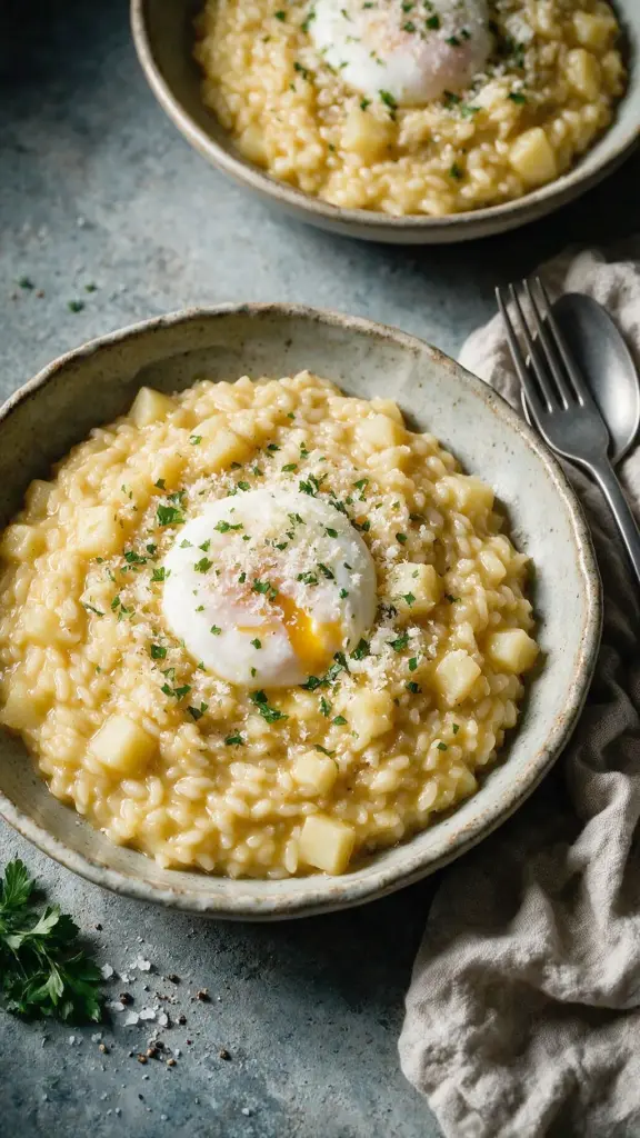 Steckrüben-Risotto, pochiertes Ei