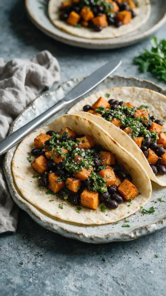 Süßkartoffel-Schwarzbohnen-Tacos