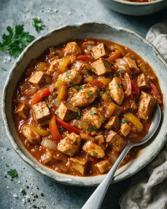 Hähnchen-Räuchertofu-Gulasch (KI-Illustration)