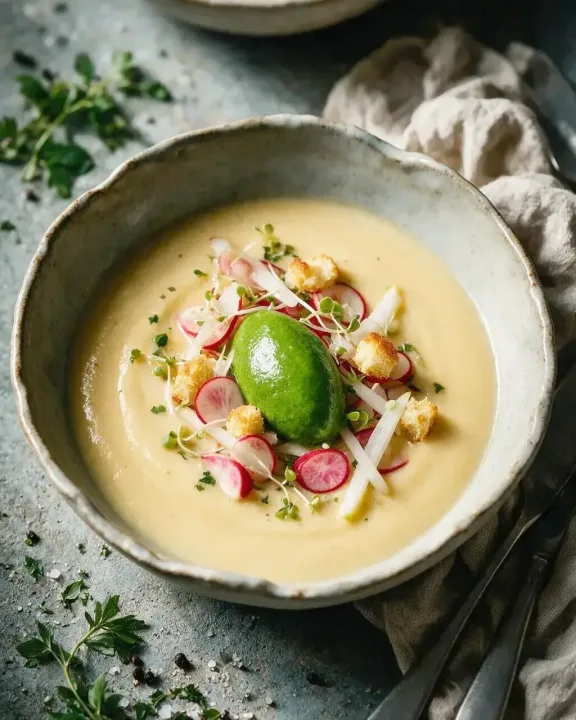 Topinambur-Suppe mit Rucola (KI-Illustration)
