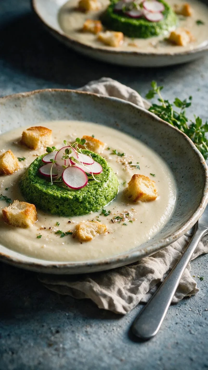 Topinambursuppe mit Rucolapudding
