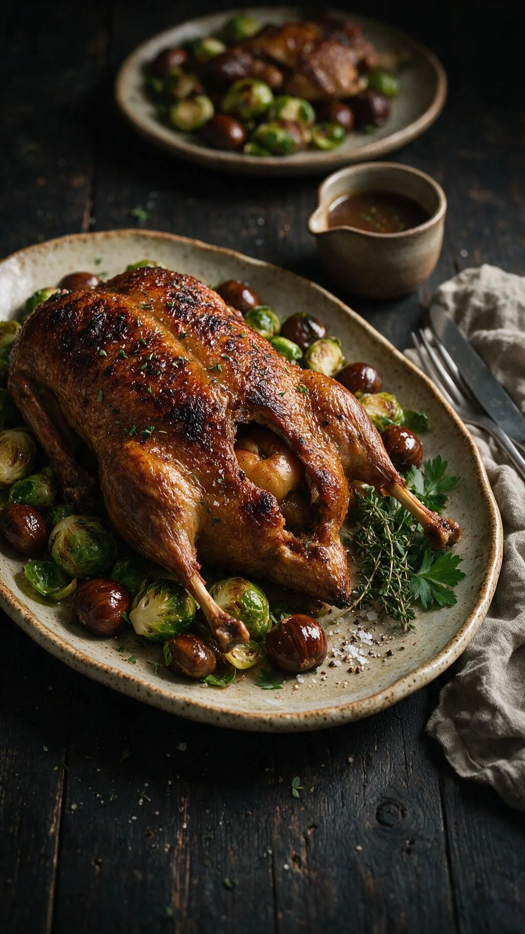 Entenbraten mit Rosenkohl und Maronen