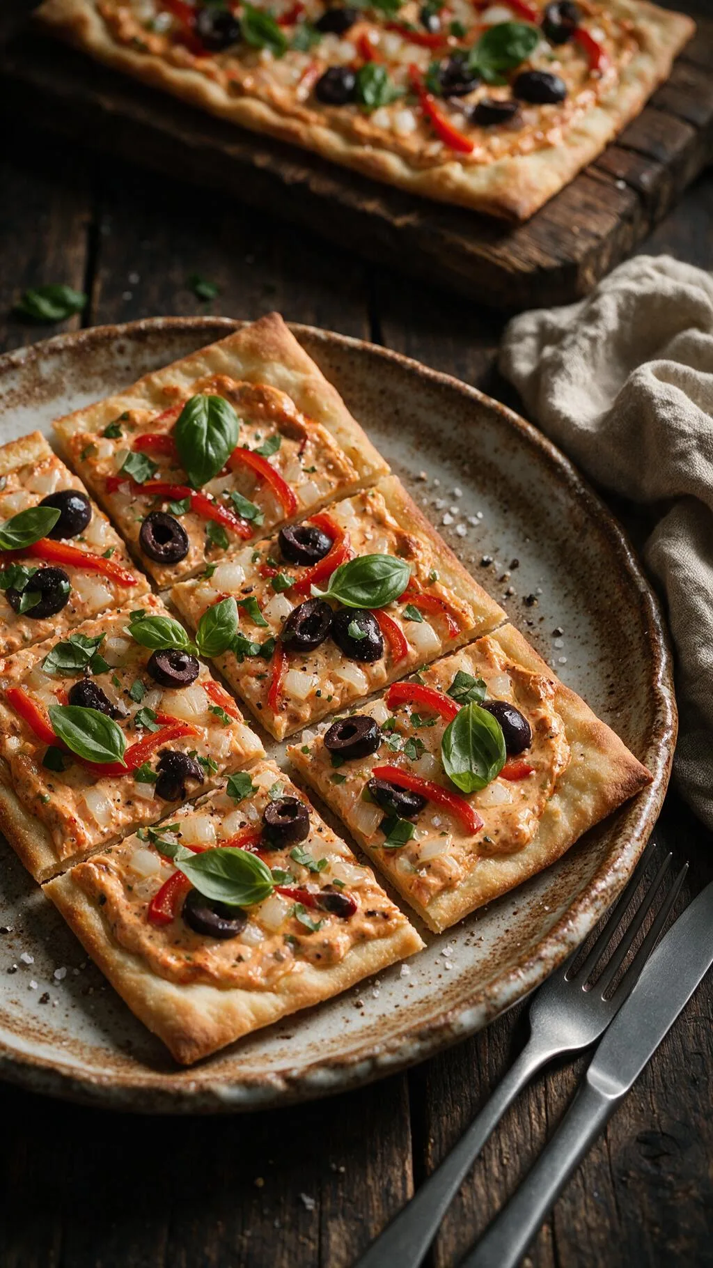 Flammkuchen mit Paprika & Oliven
