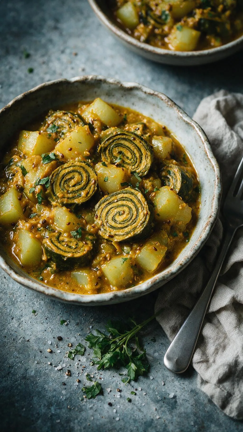 Flaschenkürbis mit Taro-Rouladen
