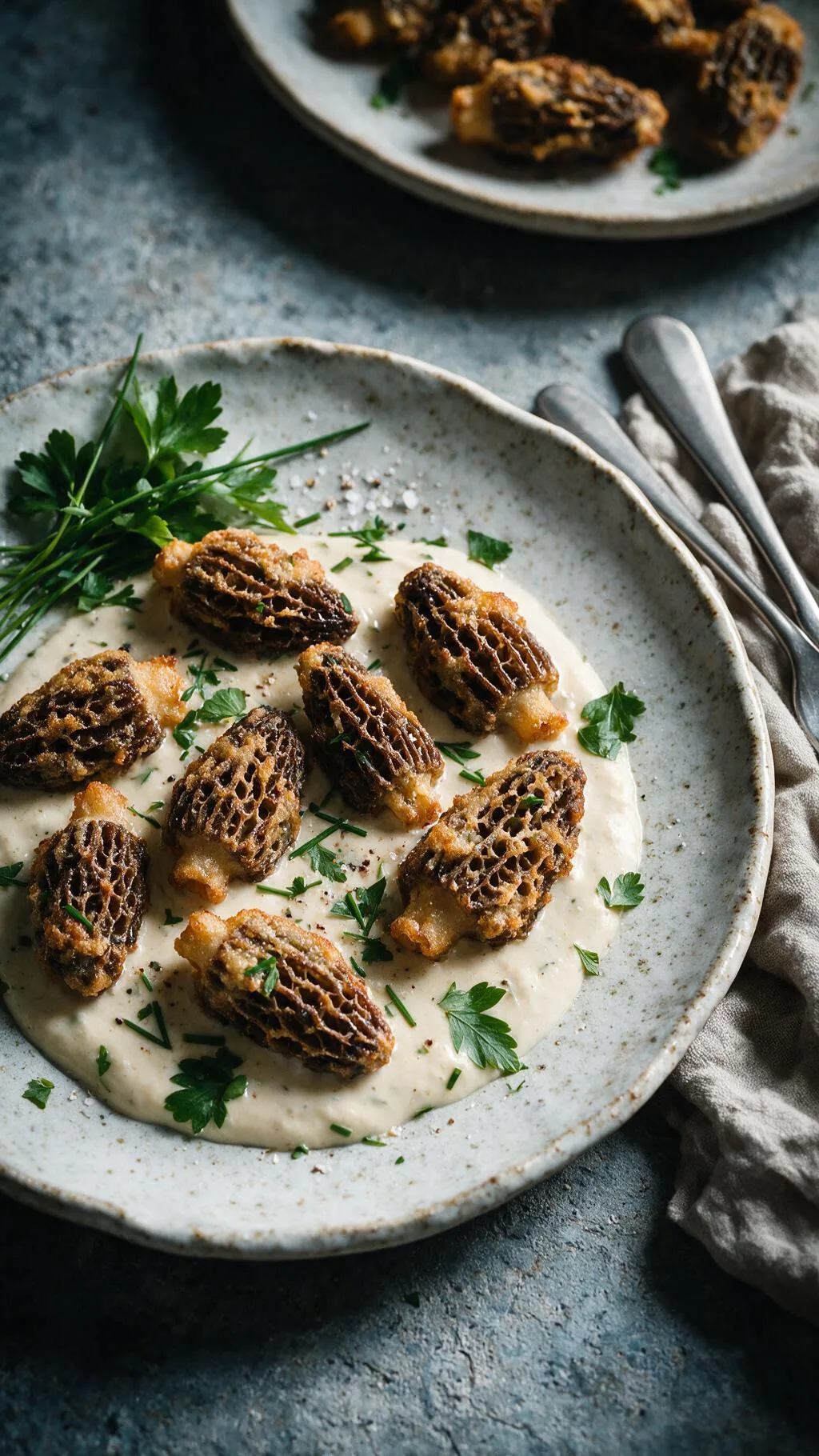 Frittierte Morcheln mit Knoblauchsauce