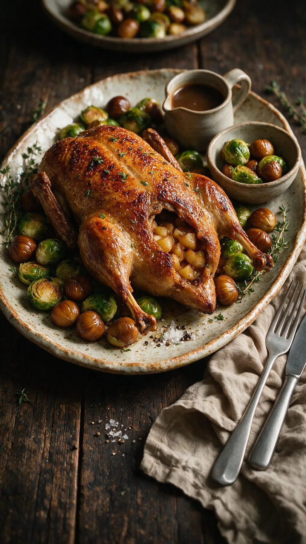 Ente mit Rosenkohl und Maronen