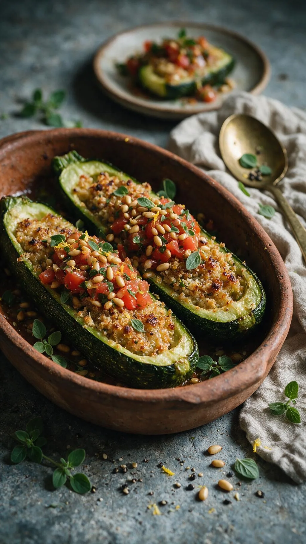 Gefüllte Zucchini, Pinienkern-Salsa