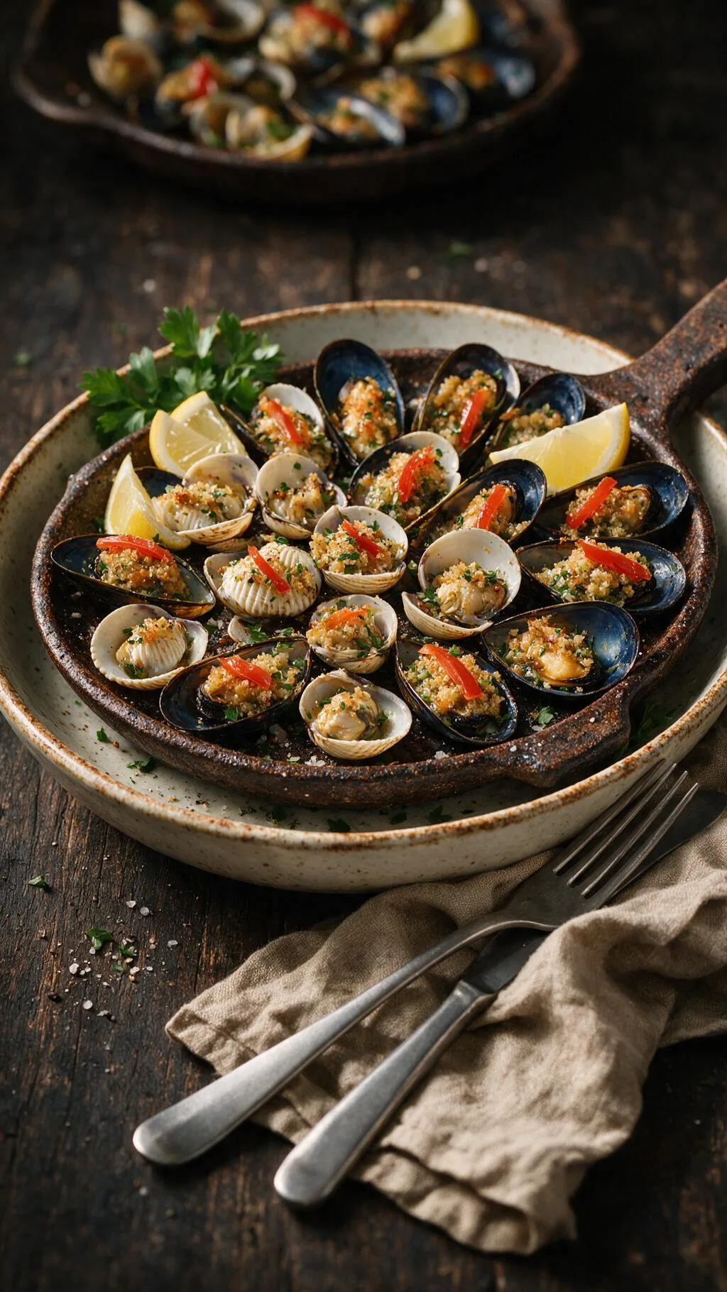Gegrillte Muscheln in Schalenhälfte