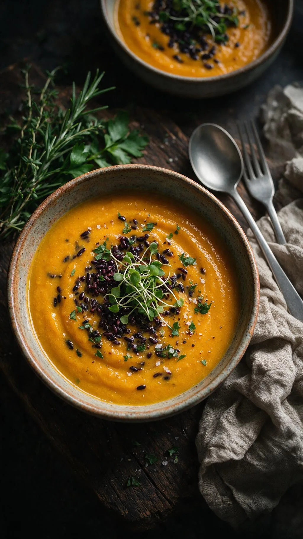 Kürbis-Curry-Suppe schwarzer Reis