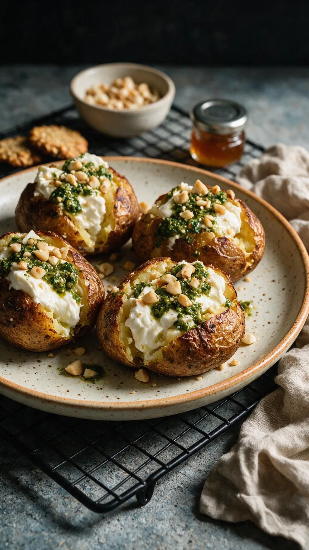 Gepofte Kartoffeln, Burrata & Pesto